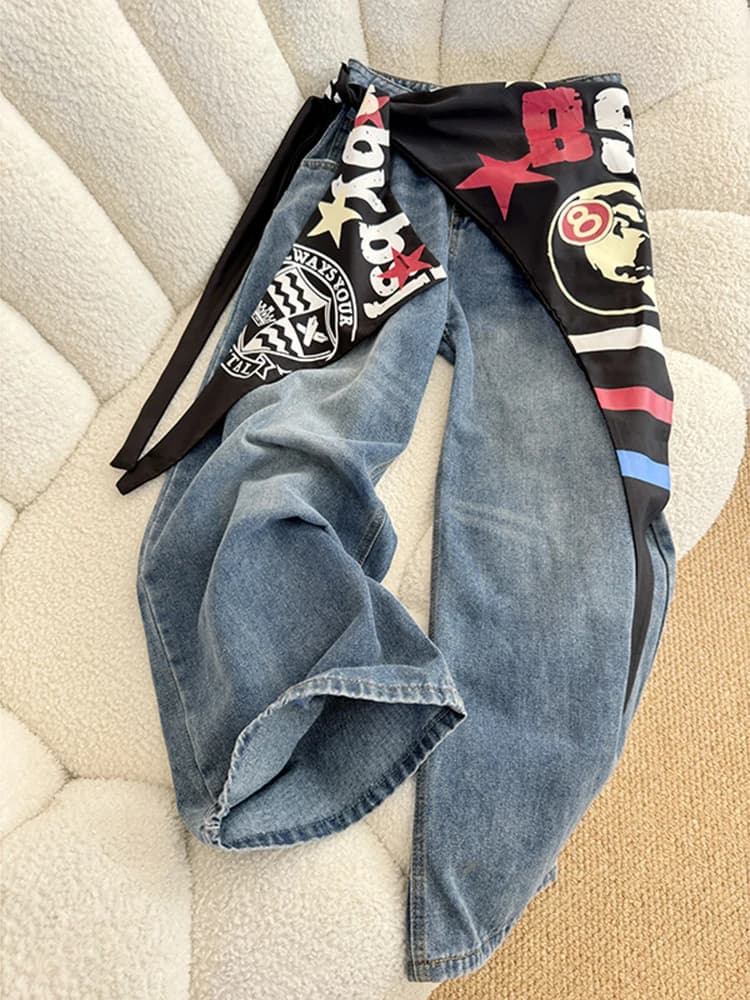 Cleanfit Jeans wide leg with American letter print retro Dance Streetwear and Scarf Jeans for men casual cut straight Faion