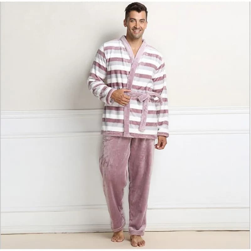 Abito Kimono giapponese da uomo Pigiama in pile caldo Pantaloni a maniche lunghe Abito Kimono in due pezzi per uomo Indumenti da notte a righe in due pezzi