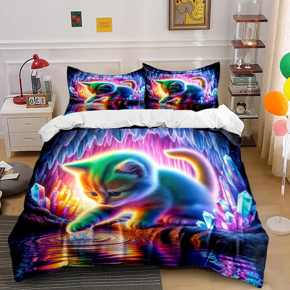 Set copripiumino stampato con gattino arcobaleno e cristalli luminosi, 1 copripiumino + 2 federe, decorazione per camera da letto in diverse misure