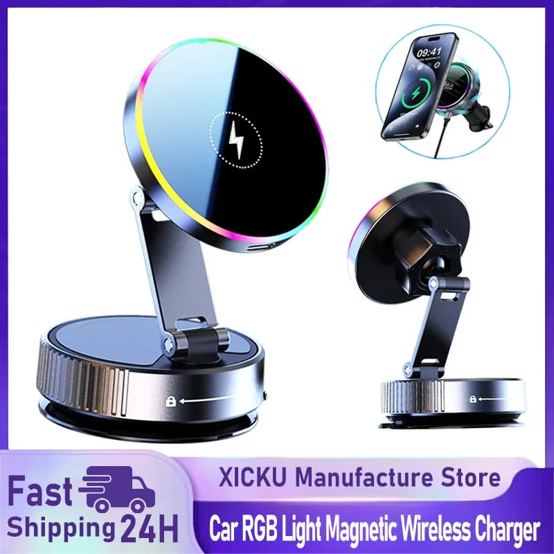 Supporto per telefono con staffa per vuoto per caricabatterie wireless magnetico con luce RGB per auto per stazione di ventosa a ricarica rapida per iPhone Magsafe 17~12