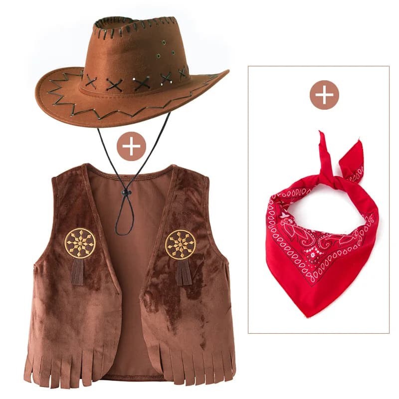 Set Costume da Cowboy per Bambini con Gilet in Pile Marrone, Bandana e Cappello, Outfit per Feste a Tema Western e Spettacoli