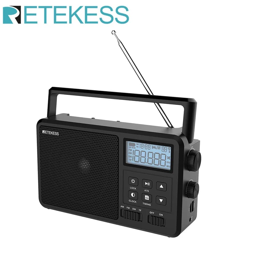Retekess TR638 Radio portatile AM FM SW Radio a tutte le onde Compatibile con Bluetooth Radio a onde corte Sveglia a batteria Scheda TF
