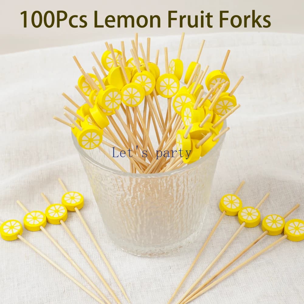 100 Pezzi/Confezione Forchettine per Frutta Estive a Forma di Limone e Arancia per Decorazioni Feste di Compleanno e Baby Shower