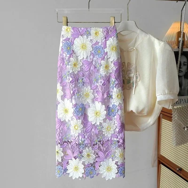 Gonna longuette impiombata in pizzo ricamato con fiori bianchi viola donna chic estiva Gonna a trapezio dimagrante floreale con aggancio all'uncinetto 2025