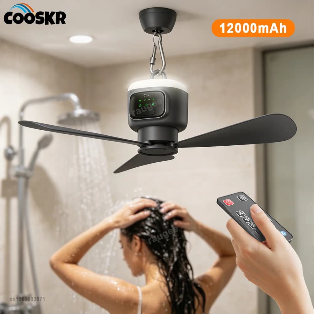 Ventilatore da Soffitto Portatile per Esterni, Ventilatore da Campeggio, Circolatore d'Aria Ricaricabile con Luce e Telecomando per Bagno e Casa