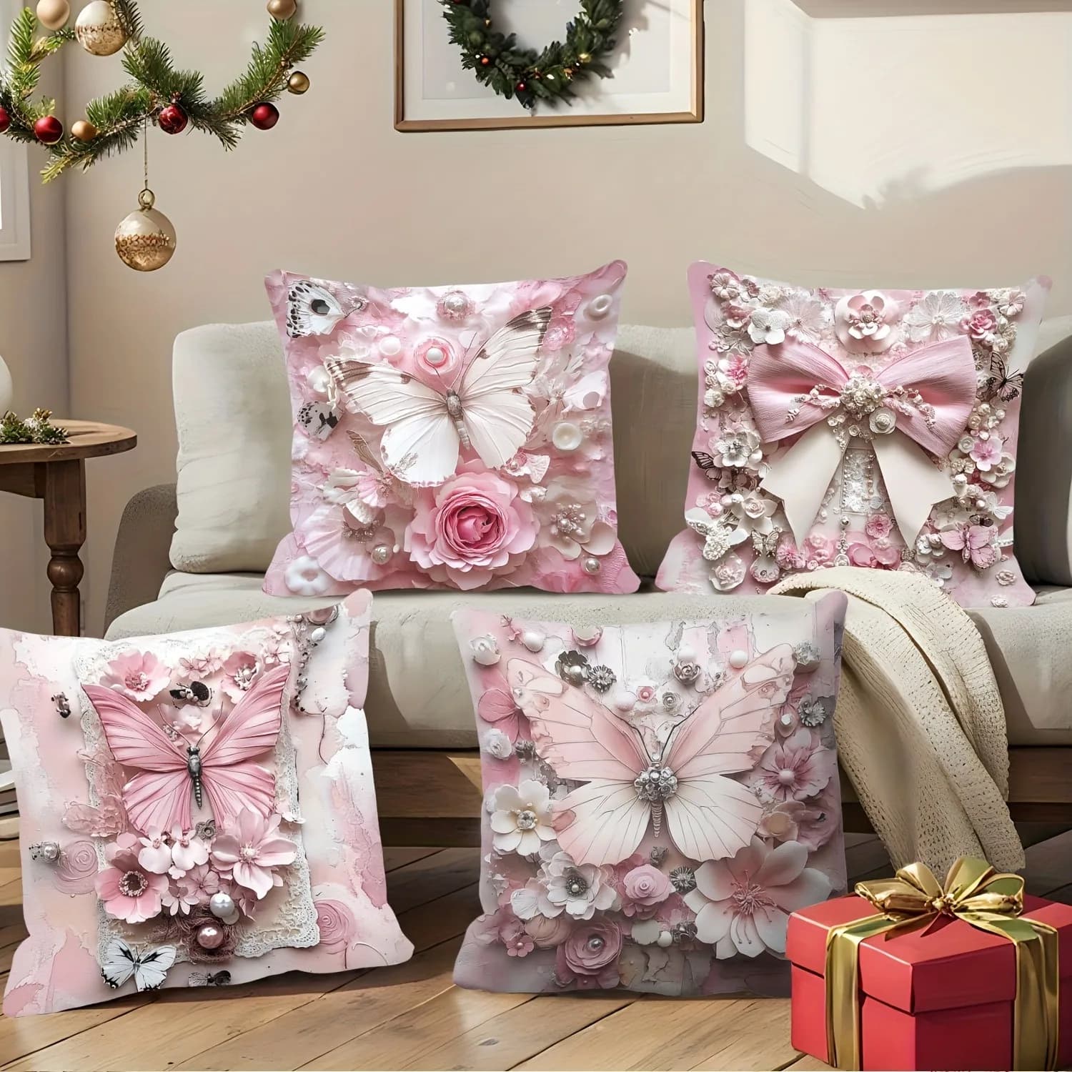Federa per cuscino in poliestere con motivo a farfalla rosa e perla, decorazione per la casa, divano del soggiorno, con cerniera