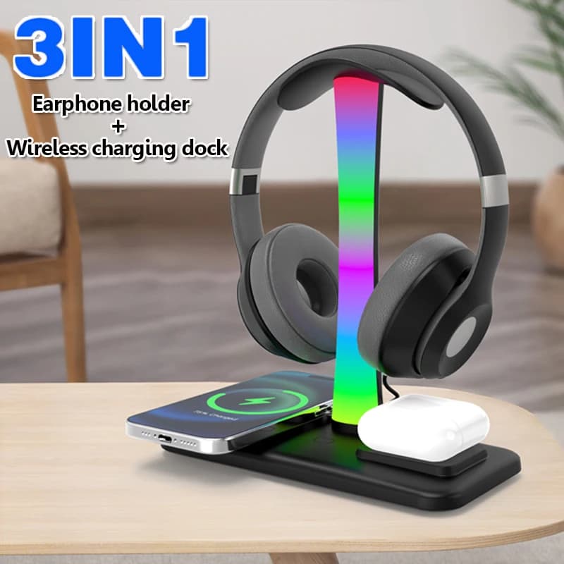Supporto per cuffie 3in1 Caricatore wireless RGB Atmosfera Luce Staffa per cuffie da gioco Dock di ricarica per auricolari Bluetooth per telefono cellulare