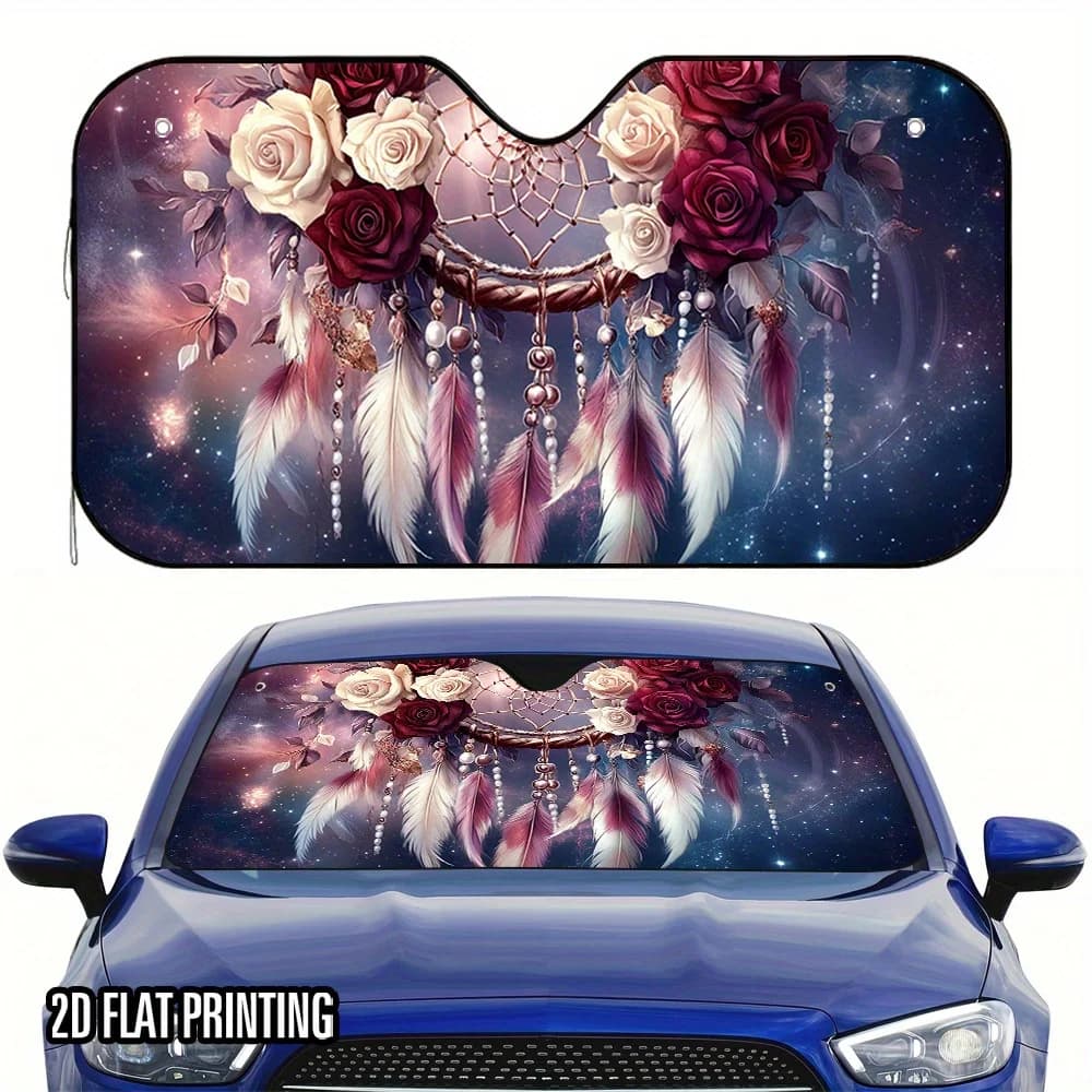 1pc Dream Catcher Car Sunshade With 4 Free Suction Cups – Foldable, Easy Install, Keeps Car Cool, Vibrant Rose & Feather Design,
