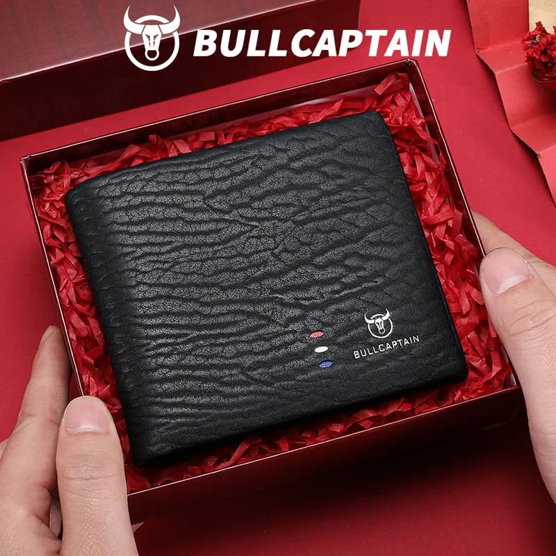 Portafoglio Corto da Uomo in Vera Pelle BULLCAPTAIN - Texture Effetto Cuoio Selvatico con Blocco RFID, Porta Carte di Credito Sottile con Confezione Regalo
