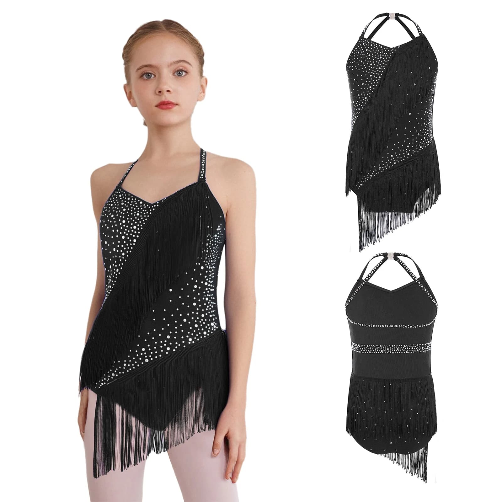 Body da ballo latino per bambina, senza maniche, scollo a V, senza schienale, strass, nappe, body per performance di pattinaggio artistico su ghiaccio