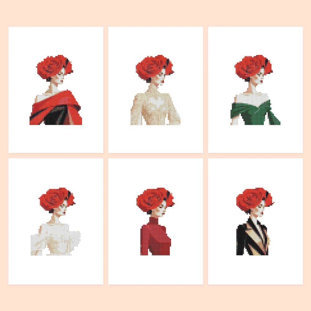 6pc Red Rose Headdress for An Elegant Lady Diy Mini Diamond Painting Retro Lady Portrait Simple Home Decor Gift