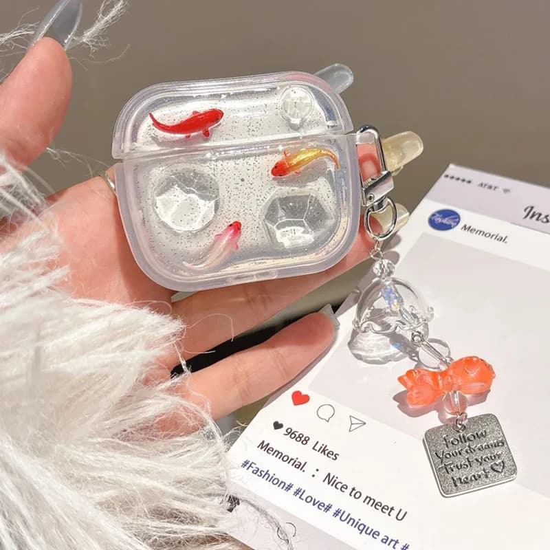 Cute Transparent Carp Fish Cute 3D Pendant Earphone Case For Apple AirPods 4 3 2 Pro 1/2 Wireless Bluetooth Headset Box Cover