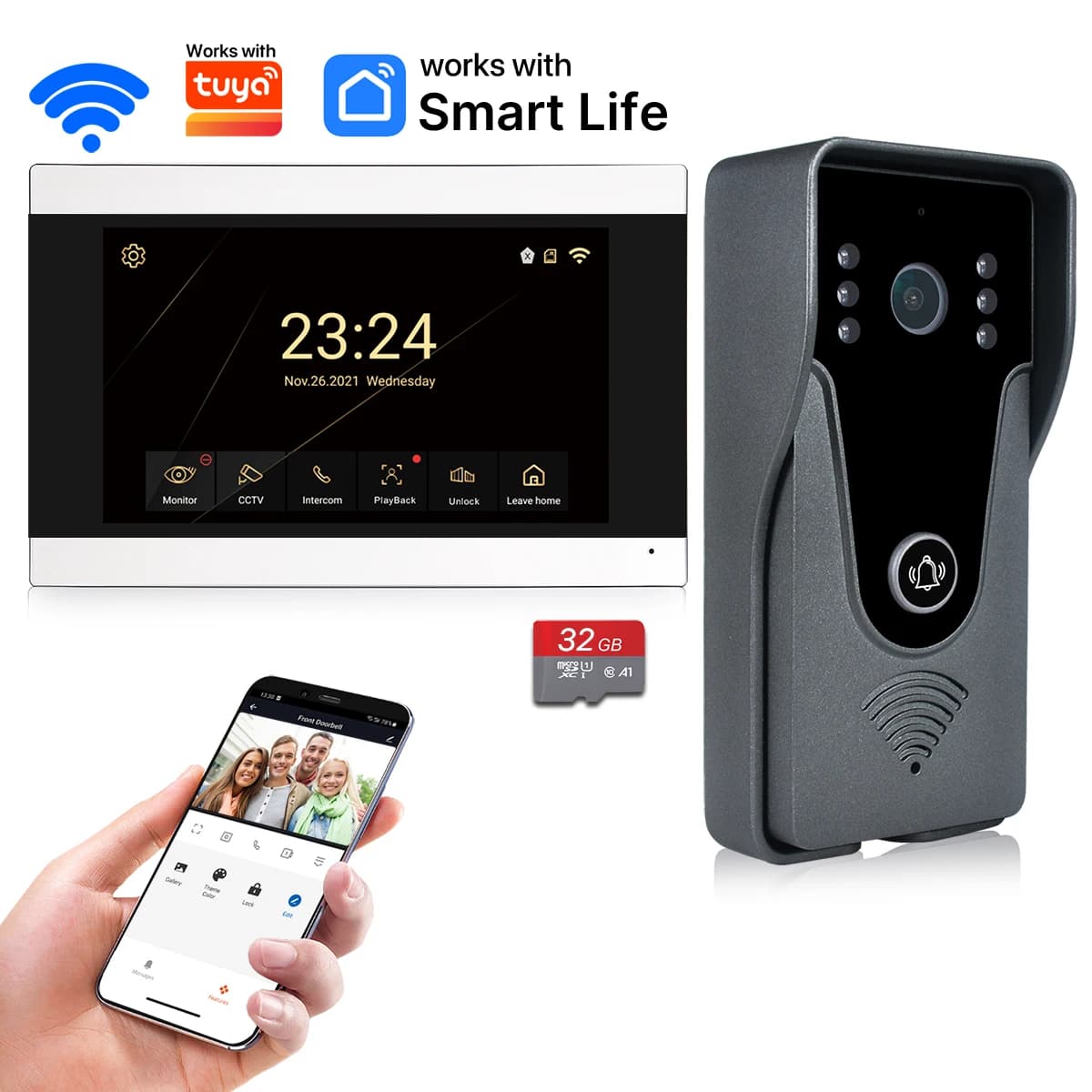 Wireless Wi-Fi Video System 1080P Smart Video Bell for Home Touch Screen Card 32G Two-way Audio APP TUYA Unlock 4 Wires
