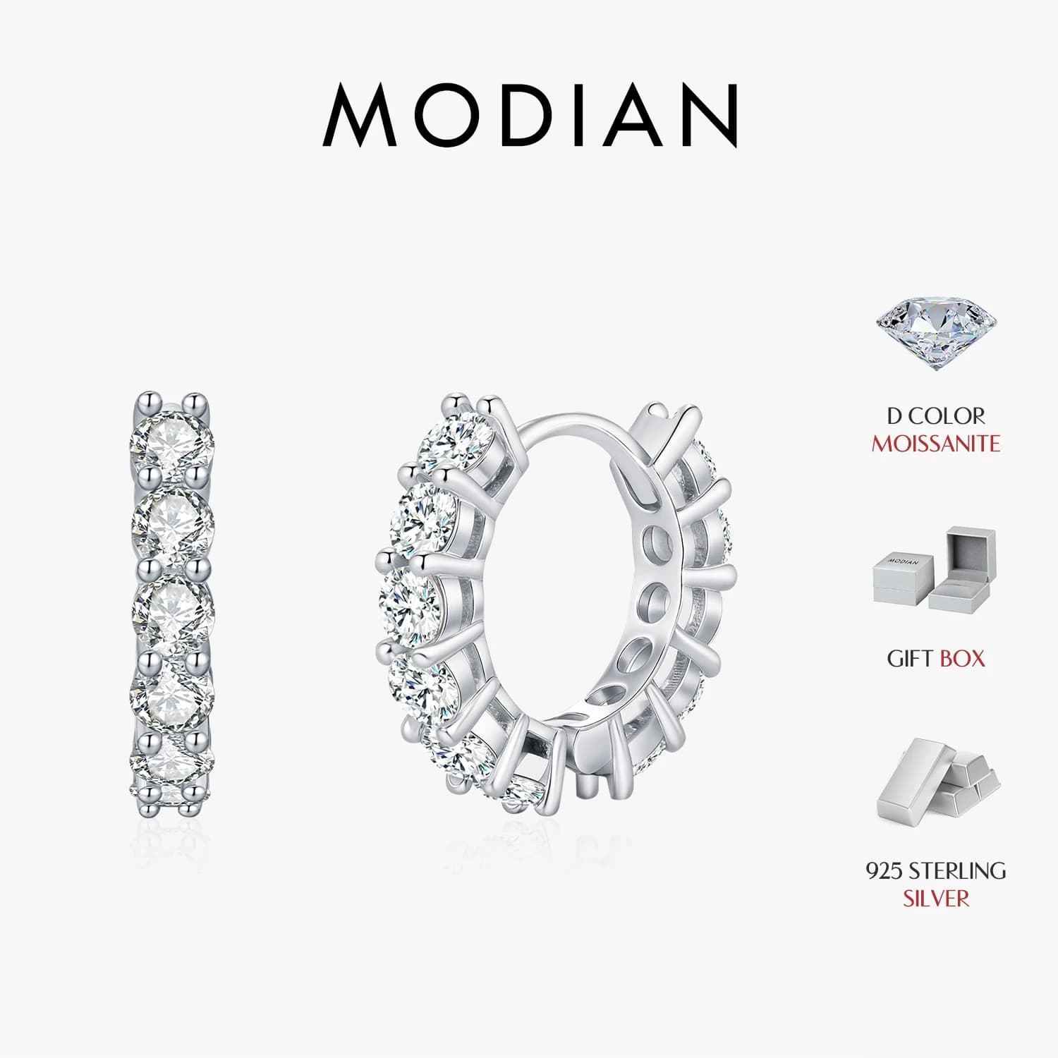 MODIAN D Color Sparkling Moissanite Ear Buckles Lab Diamond 925 Sterling Silver Luxury Hoop Earrings for Women Jewelry Gifts