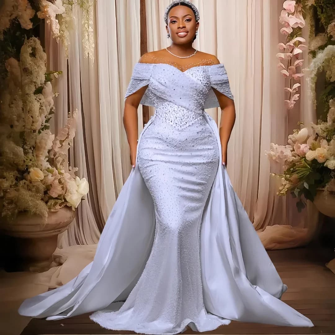 Customized New Elegant Plus Size Mermaid Bead Embroidered Wedding Hat Sleeves With Detachable Train Sexy Bridal Gown