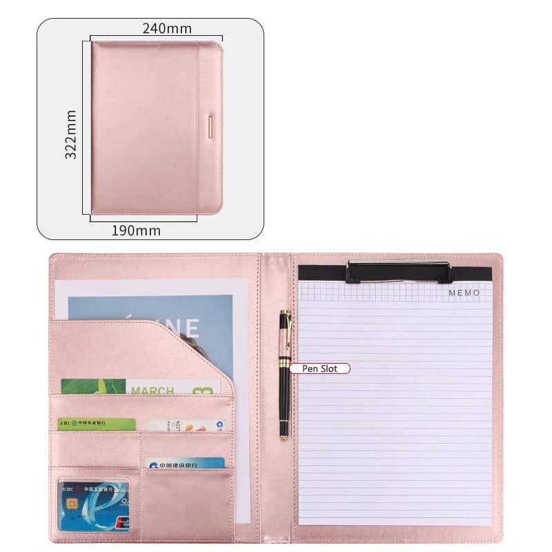 Cartella portadocumenti A4 Business Padfolio Porta documenti in oro rosa Cartella portablocco Organizzatore da scrivania in pelle Blocco note per riunioni Ufficio