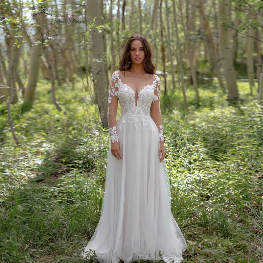 Classic Wedding Dresses Plus Size O Neck Long Sleeves Bride Gowns Appliques Backless Floor Length Tulle A-Line Robe De Mariee