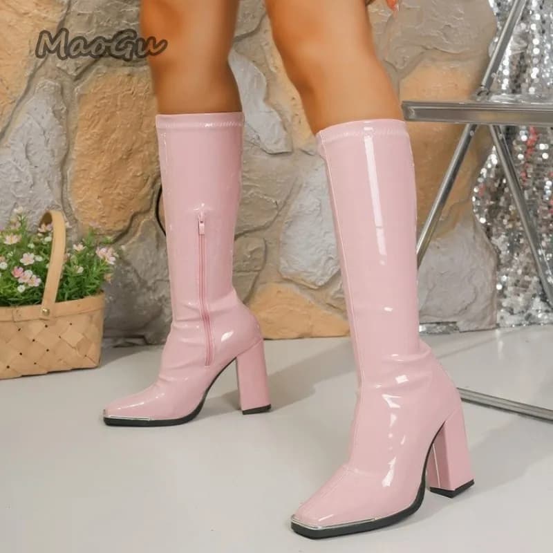 Modern boots with high heel and square tip Women boots in pink leather Size 36-43 Elegant shoes with big heel Side zip Botas Largas Mujer