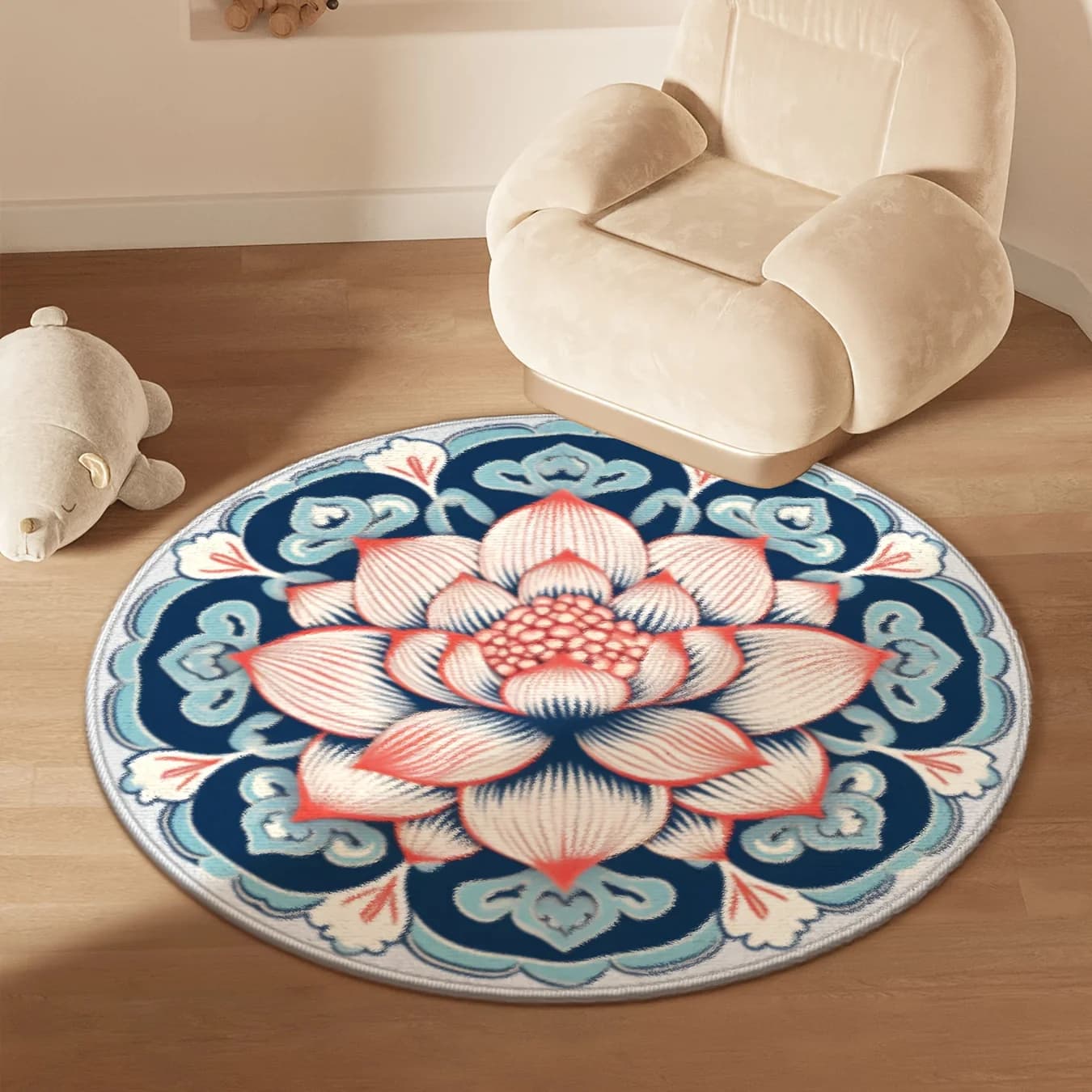 Round Carpet with Blue and Red Lotus Flower mandala, Flannel Mat for Spiritual Equilibrium, Yoga, Meditation, Zen Home Decoration, Aesthetic Pacifica and Calmante