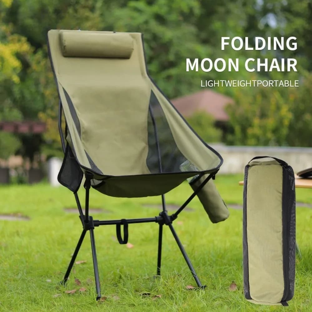 Outdoor Folding Portable Moon Chair Recliner Fishing Chair Cup Bag with Pillow Camping Picnic Barbecue Travel Folding Chair
