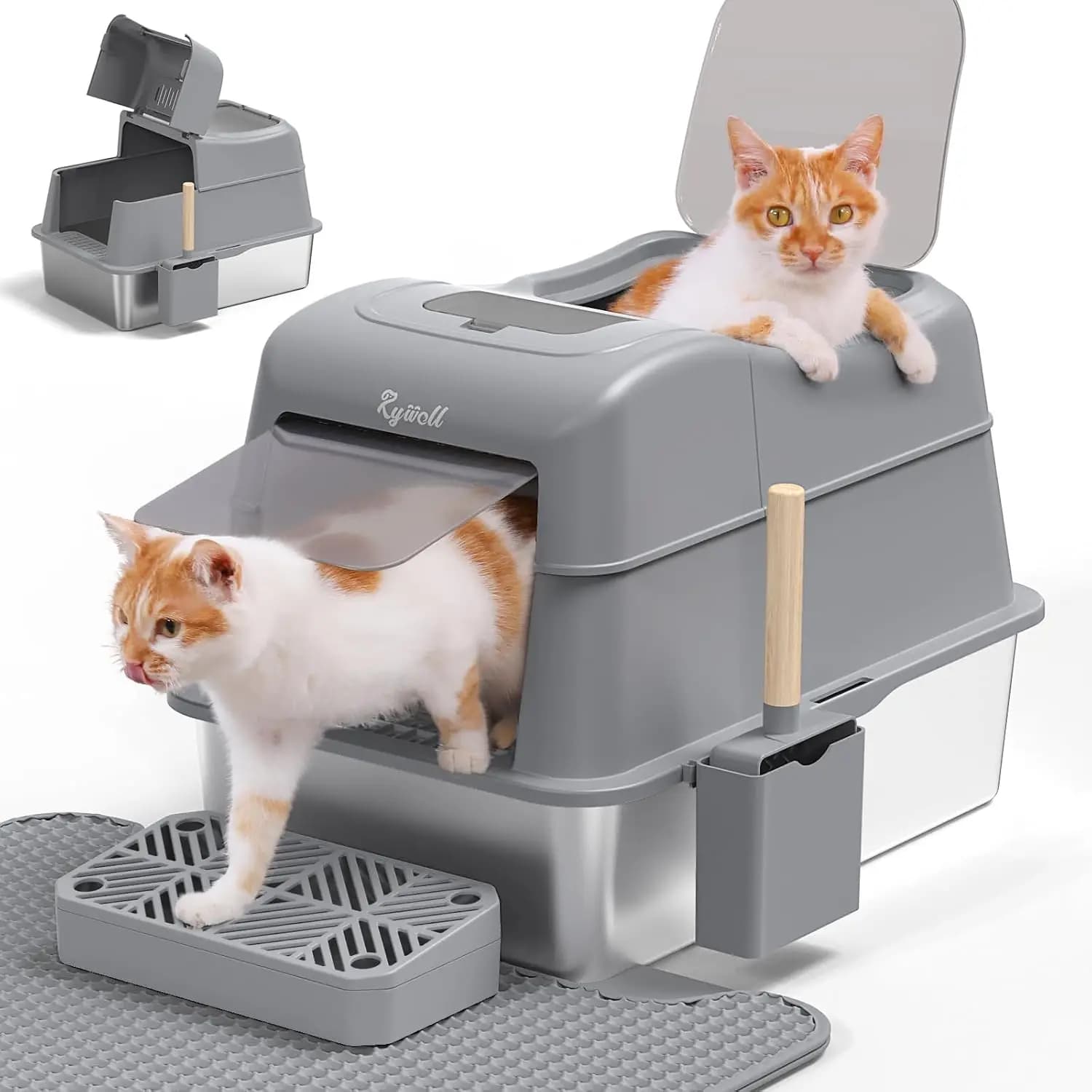 120° Flip Cover Stainless Steel Litter Box XL with Scoop & Mat, Odor Control, Non-Stick, Easy Clean