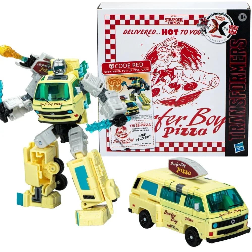 Takara Tomy Hasbro Transformers Stranger Things Codice collaborativo Red Surfer Boy Pizza Box Action Figures Ornamenti Figura