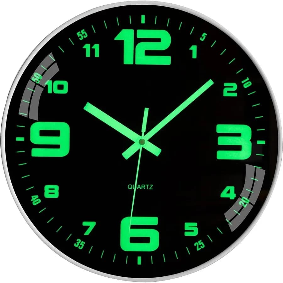 Wall Clock 12inch, Battery Operated Silent Non-Ticking Glow in The Dark Clocks Analog Small Digital Night Light Up Neon Outdoor