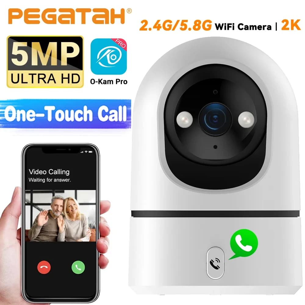 Telecamera di sicurezza per baby monitor da interno WiFi 5MP 2.4G/5G | Chiamata con un solo tocco | Visione notturna a colori | Monitoraggio umano | 355 ° PTZ O-Kam Pro