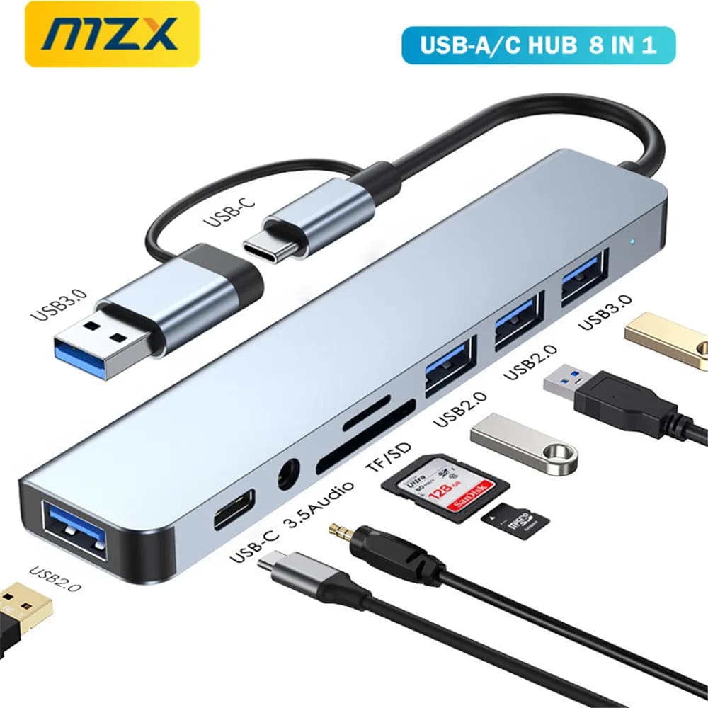 Hub USB A e Type C MZX 8 in 1, docking station multifunzione con lettore di schede SD/TF e audio per accessori PC portatili