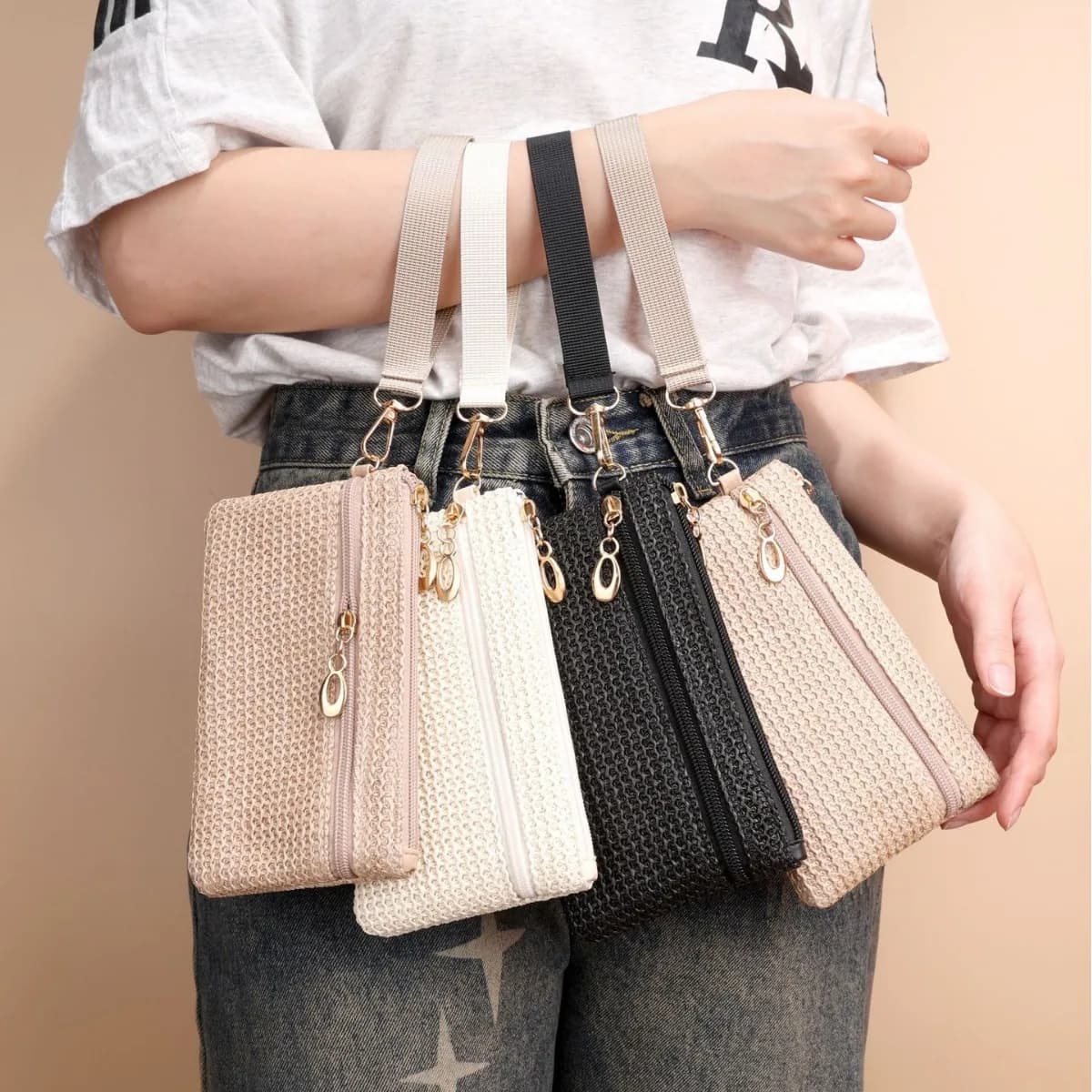 Double zipper bag exchange bag, long wallet to store mobile phone, horizontal square bag in straw