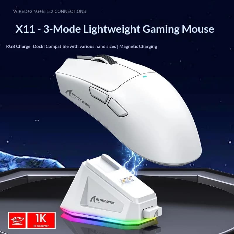 Attack Shark X11 Gaming Mouse Paw3311 Lightweight Tri Mode Wireless Bluetooth 24G Rechargeable Rgb Charging Dock Adjustable Dpi