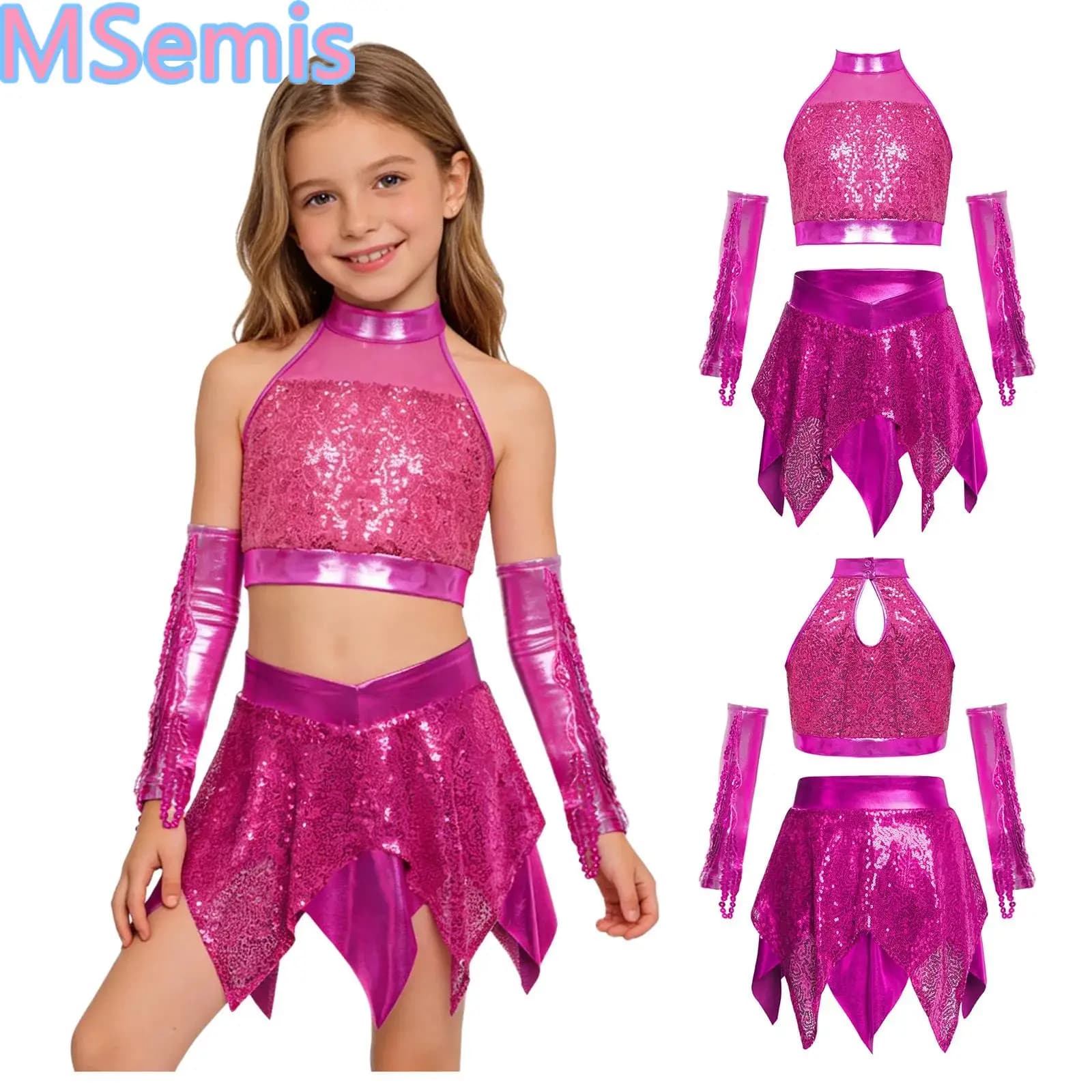 Completo da ballo jazz per bambine: top corto con paillettes scintillanti e schiena scoperta, gonna asimmetrica metallizzata e guanti con nappe di paillettes