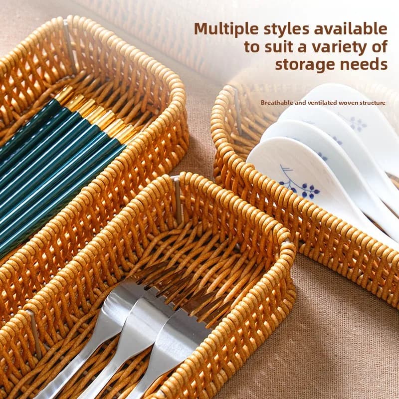 Rattan false knife and fork for vegetables, western restaurant, commercial storage box, hand woven rectangular kitchen drain