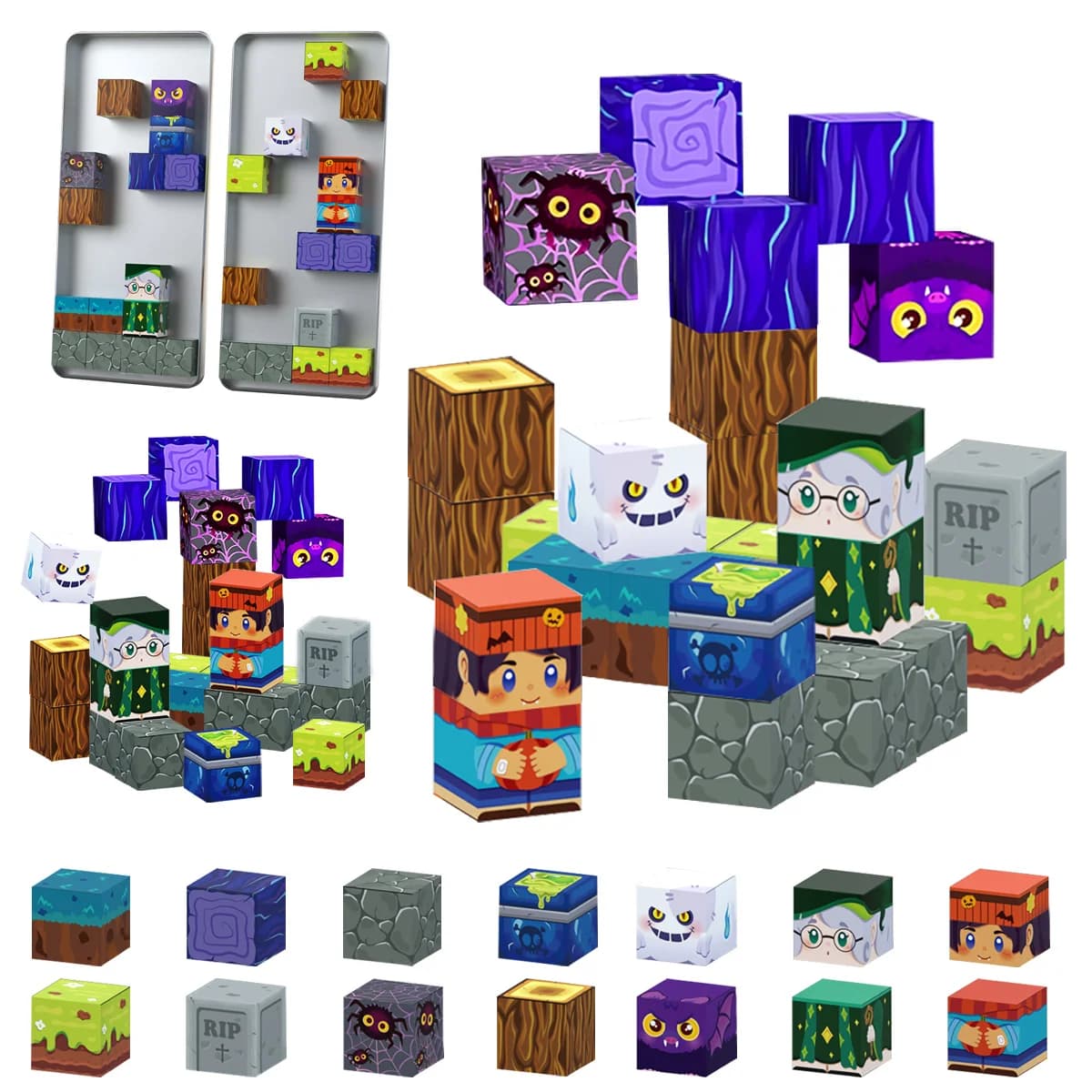 Set di blocchi magnetici con scatola di ferro Magic Forest, piastrelle a cubetti magnetici, giocattoli da costruzione, giocattoli da viaggio per l'apprendimento dell'educazione sensoriale
