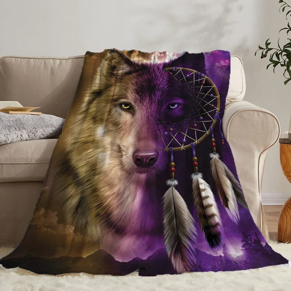 Wolves Howling Moon Cool Dream Catcher Feather Super Soft Plush Fleece Throw Blanket