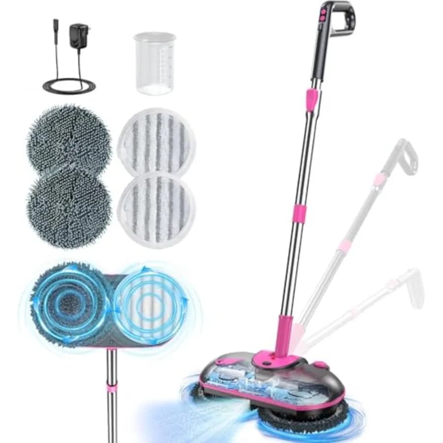 Mop Elettrico Senza Fili con Spruzzatore d'Acqua da 300ml per Pavimenti in Legno e Piastrelle, Pulitore Silenzioso Autopulente con Manico Regolabile 250