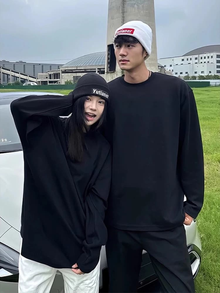 Cleanfit Black Long Sleeve Couple T-shirts Men's Heavyweight round Neck Sweatshirts Base Layer Shirt Comfortable Soft Fabric