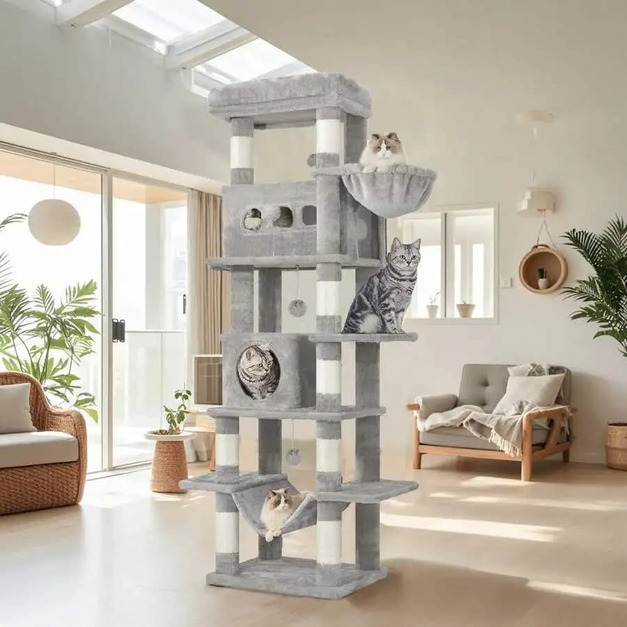 Cat Tree, 67" Large Tall Cat Tower For Indoor Cats, Multi-Level Cats House With Condo, 8 Scratching Posts, Hammock, 4 Pom Poms, Light Grey