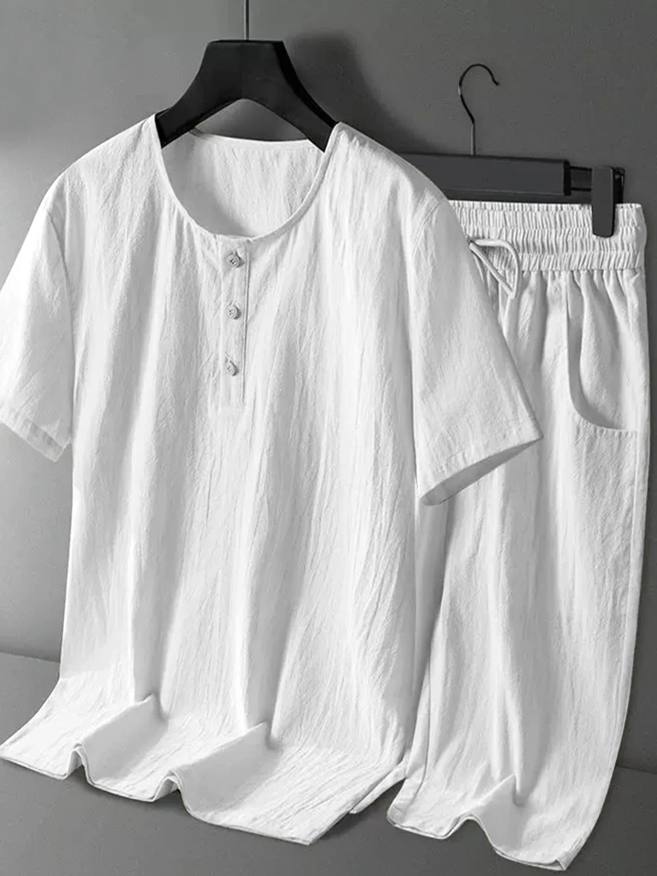mens cotton linen 2 piece set henley t shirt drawstring shorts breathable casual beach outfit