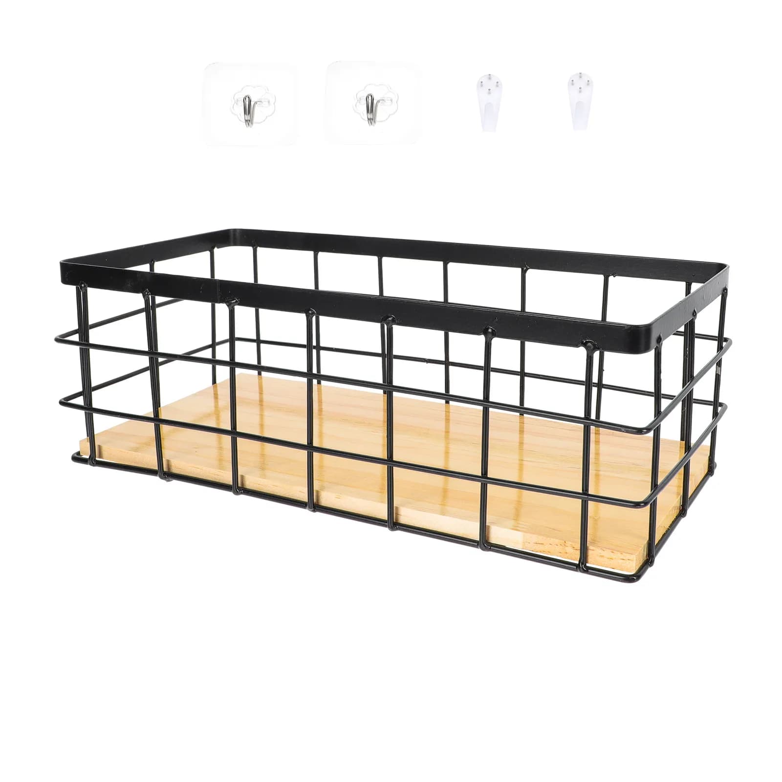 Set di 1 Cesto in Ferro Battuto Resistente con Base Piatta in Legno per Organizzazione e Stoccaggio in Casa, Ufficio e Bagno