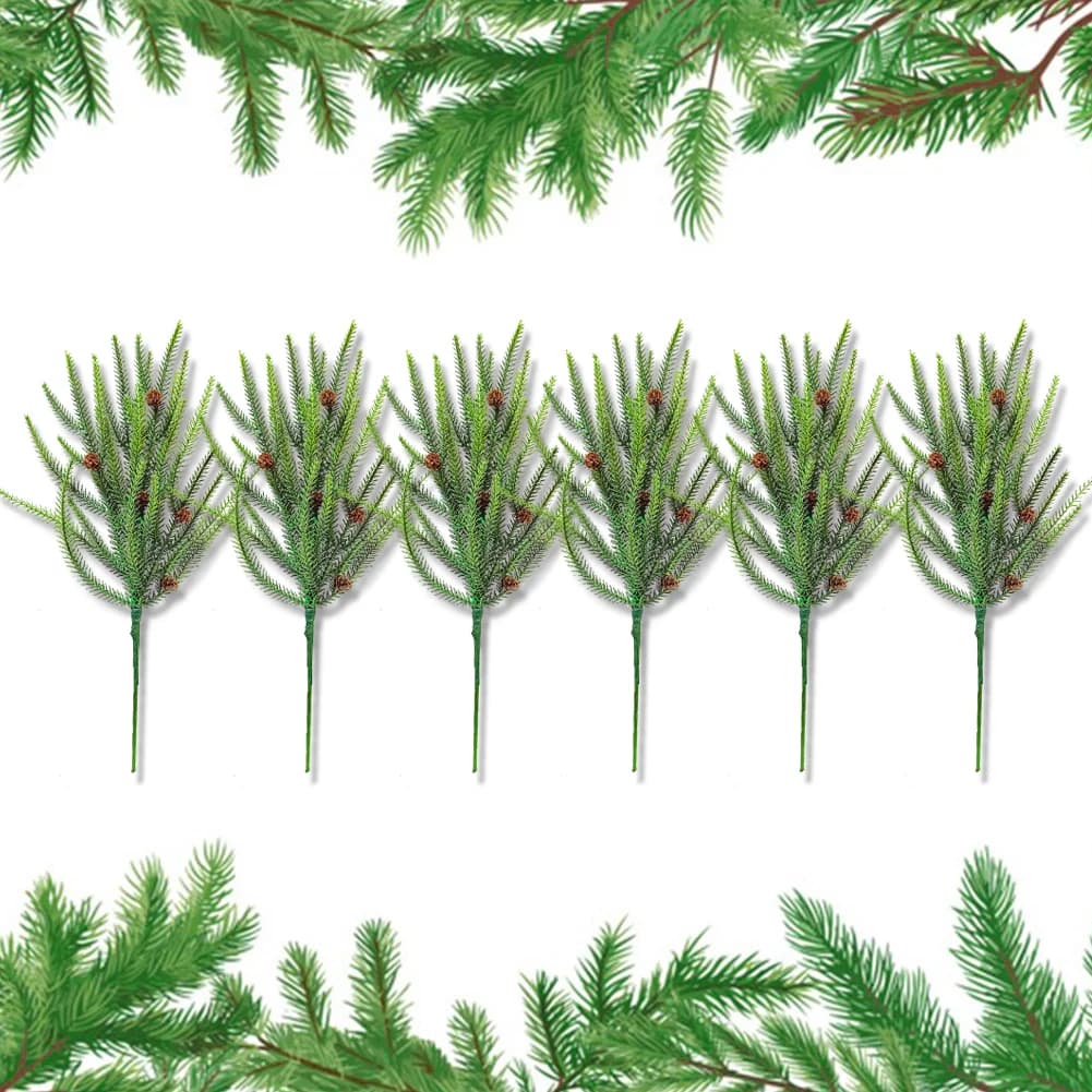 6 pezzi rami di pino artificiali con pigne rami di pino finti in plastica 45 cm per albero di Natale ornamento fai da te