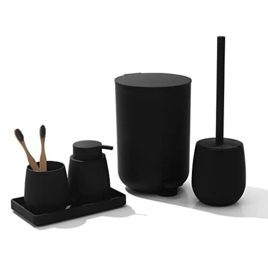Set di accessori da bagno neri 5 pezzi con piccolo pattumiera da 3 litri, portaspazzolino da 0,8 galloni, dispenser di sapone, vassoio da toilette