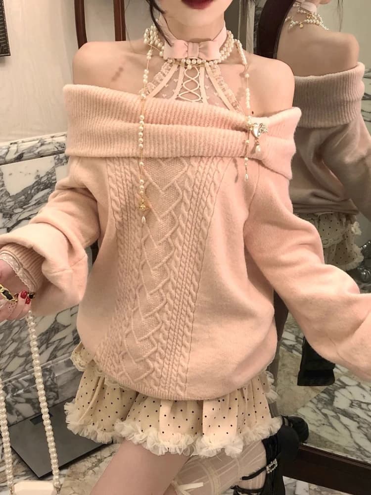 Maglione da donna dolce ragazza calda con fiocco con spalle scoperte autunno inverno elegante moda sexy top lavorato a maglia casual Y2k maglieria pullover nuovo