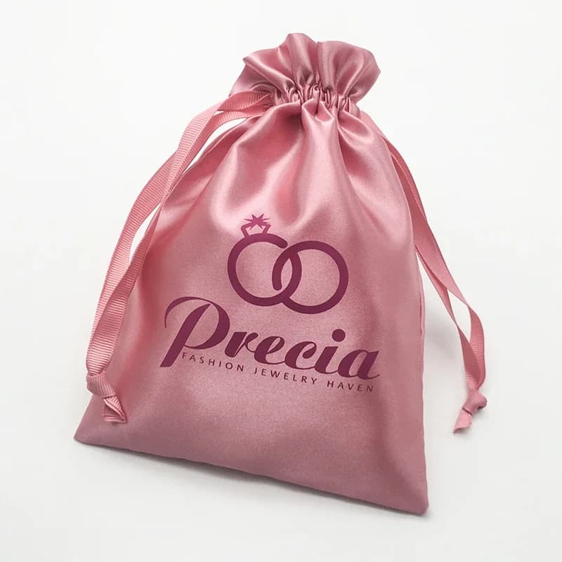 Sacchetti regalo in seta 50P Custodia con coulisse in raso Scarpe per trucco Vestiti Parrucca per capelli vergini Borsa per imballaggio cosmetico Stampa di stoccaggio Personalizzabile