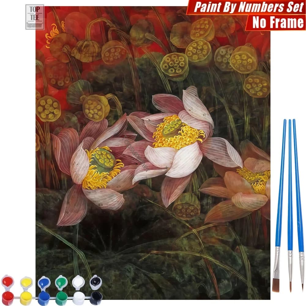 Set di pittura digitale a olio con natura morta di fiori di loto - Fiori e bacche, decorazione per la casa e la camera da letto, regalo di compleanno per collega