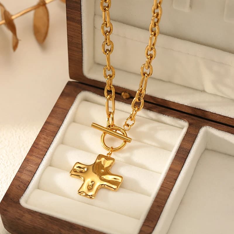 EILIECK 316L Stainless Steel Metal Cross Pendant Necklace For Women Trendy Gold Color OT Clasp Neck Chain Waterproof Jewelry