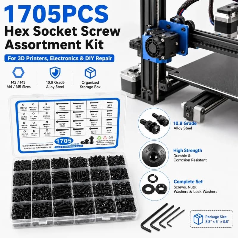 Kit Assortito di 1705 Pezzi M2 M3 M4 M5 Viti a Testa Cilindrica con Esagono Incassato, Dadi e Rondelle per Riparazione Fai-da-Te di Stampanti 3D