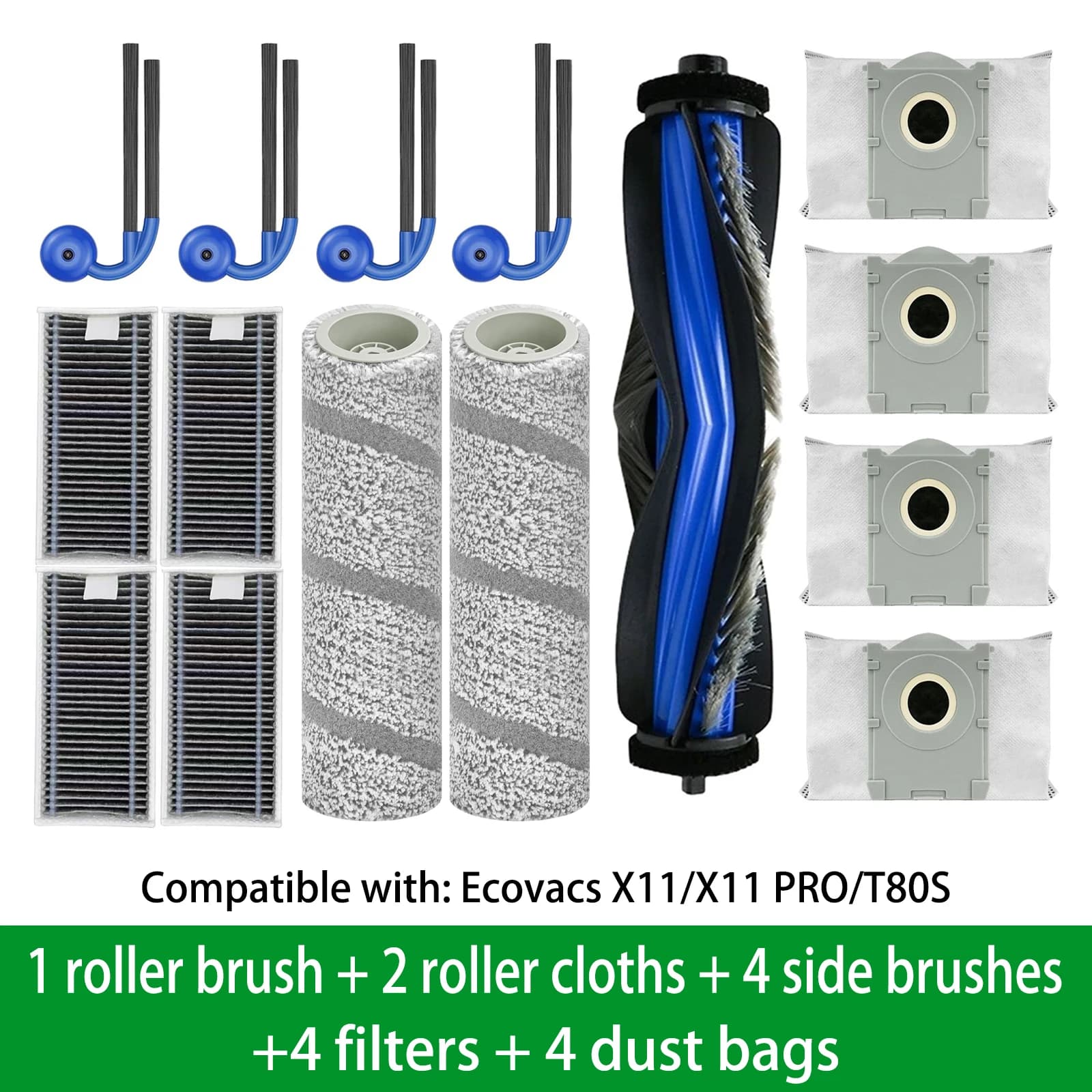 Parti di ricambio per aspirapolvere robot: sacchetti per la polvere, panno lavapiatti, spazzola laterale, spazzola a rullo e filtro. Compatibili con Ecovacs X11/X11PRO.