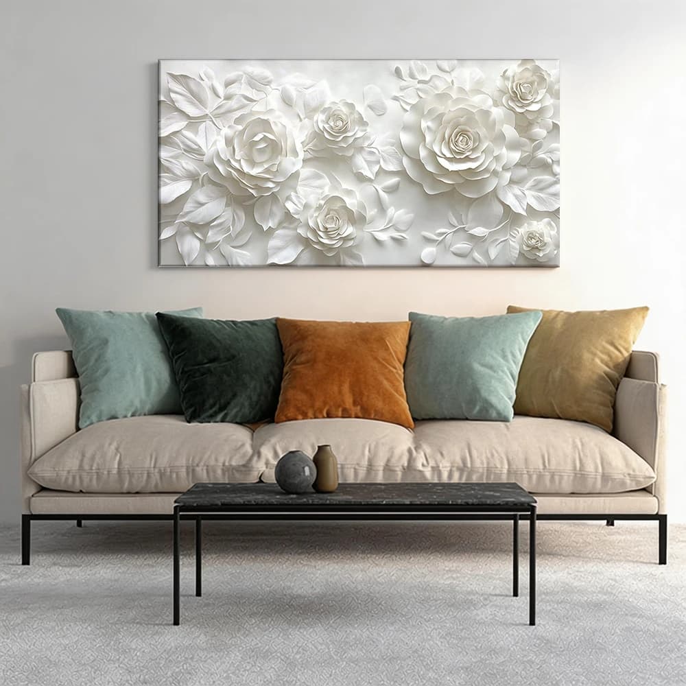Painted on canvas with large wooden frame, 1 piece, wall decoration with white paper flowers.