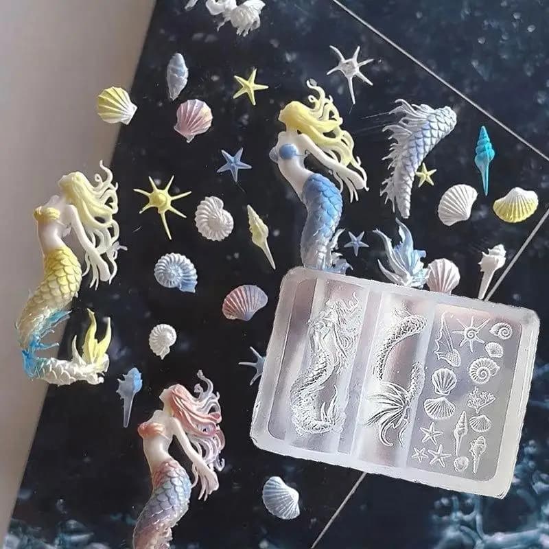 Unique 3D Silicone Nail Print with Siren Patterns, Marine Stars and Shells for Nail Art Designs and DIY manicure